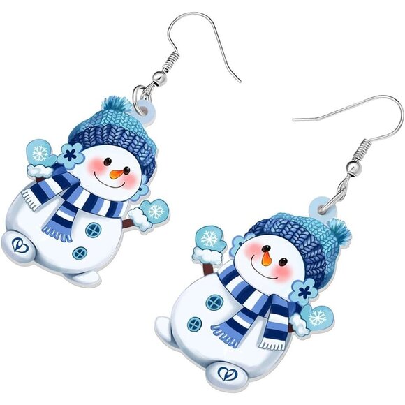 Women's Acrylic Cute Christmas Snowman Dangle Hook Hypoallergenic Earrings - Picture 3 of 6